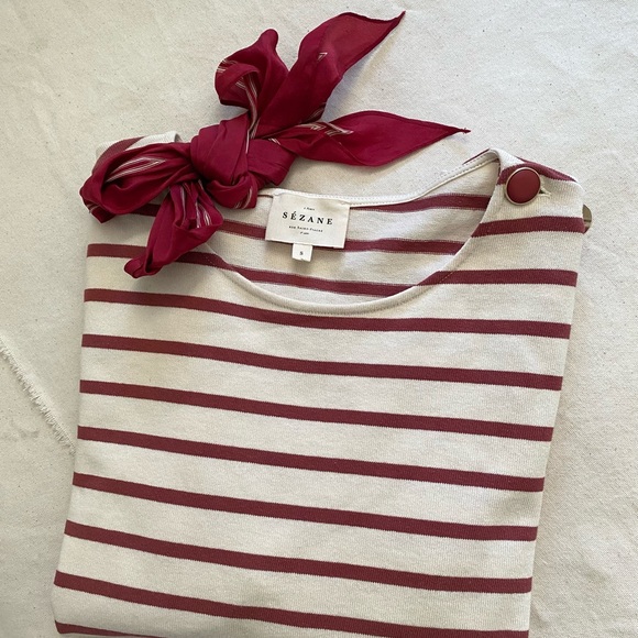 Sézane Colette Marinière Stripe Cotton Shirt in Burgundy Ecru - Picture 3 of 6